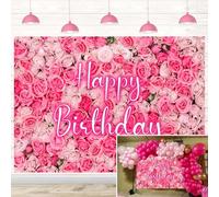 Sfondo decorativo da parete con rose rosa fluorescenti, con scritta "Happy Birthday", con fiori di rosa, tè primaverile, per ragazze, principessa, festa di compleanno, anniversario di matrimonio, baby