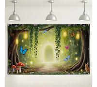 Sfondo della foresta incantata, decorazioni fiabe con farfalle e funghi, sfondo fotografico verde per eventi, forniture per feste primaverili/estive, 180 x 109 cm