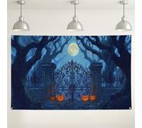 Sfondo della foresta infestata di Halloween, decorazioni per feste raccapriccianti per cancelli spettrali, sfondo spaventoso di zucca, per fotografie, feste di Halloween, 180 x 109 cm