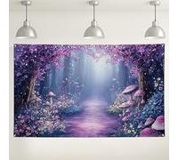 Sfondo della foresta viola incantata, design mistico floreale con sentieri, sfondo fotografico da sogno per feste, decorazione primaverile per interni ed esterni, 180 x 109 cm