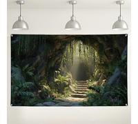 Sfondo della giungla di ingresso della grotta, scena naturale lussureggiante per fotografia, decorazioni per feste per interni/esterni, perfetto per eventi a tema ecologico, 180 x 109 cm