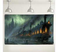 Sfondo della stazione ferroviaria infestata, decorazioni gotiche scure vintage, perfetto per feste di Halloween ed eventi a tema, 180 x 109 cm
