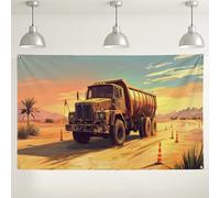 Sfondo desertico con camion arrugginito, sfondo fotografico industriale vintage, perfetto per feste all'aperto, temi di viaggi estivi su strada, 180 x 109 cm