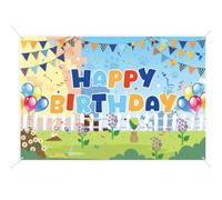 sfondo di Buon Compleanno, 150x100 cm Cucciolo Blu Decorazione da Appendere per Compleanno con Palloncini e Bandiera Colorata Stampata per Ragazzi e Ragazze Accessori Cabine Fotografiche