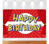 Sfondo di Buon Compleanno con Cartoni Animati, 150x100 cm Sfondo Fotografico Rosso Bianco e Giallo Banner a Tema Anime Decorazione per Feste di Compleanno per Baby Shower Ragazzo e Ragazza