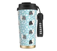 Sfondo di cane da pastore inglese antico con zampe disegnate a mano, simpatico cartone animato,Tazza da caffè in acciaio inossidabile 316 con cordino, bicchiere termico da viaggio per auto, 500 ml