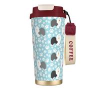 Sfondo di cane da pastore inglese antico con zampe disegnate a mano, simpatico cartone animato,Tazza da caffè in acciaio inossidabile 316 con cordino, bicchiere termico da viaggio per auto, 500 ml