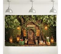 Sfondo di compleanno con casa sull'albero delle fiabe, decorazioni per feste a tema natura, sfondo della foresta incantata per bambini, forniture per cabina fotografica 180 x 109 cm