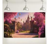 Sfondo di compleanno con castello delle fiabe, decorazioni floreali di pesca sognanti, sfondo fotografico magico per feste per bambini, forniture per eventi primaverili e festivi, 180 x 109 cm