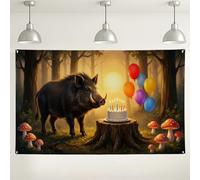 Sfondo di compleanno con cinghiale selvatico, palline colorate a mosca d'aria, decorazioni con scena della foresta, sfondo fotografico rustico per feste, 180 x 109 cm