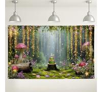 Sfondo di compleanno con foresta delle fiabe, decorazioni fantasiose per feste a tema funghi, sfondo fotografico da giardino incantato, per baby shower, celebrazioni primaverili, 180 x 109 cm