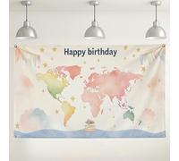 Sfondo di compleanno con mappa del mondo, decorazioni a tema viaggio ad acquerello, ideale per feste, uso interno/esterno, perfetto per bambini e adulti, forniture per feste di avventura globale, 180