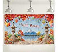 Sfondo di compleanno con paesaggio giapponese, foglie d'acero autunnali e decorazioni a tema monte, scenico sfondo per feste all'aperto/interno, per celebrazioni autunnali, 180 x 109 cm