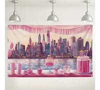 Sfondo di compleanno con skyline della città, decorazioni per feste a tema glamour pesca e oro, sfondo fotografico al tramonto per eventi, perfetto per celebrazioni estive, 180 x 109 cm