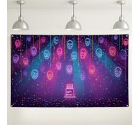 Sfondo di compleanno con teschio del giorno dei morti, decorazioni colorate al neon per feste, forniture per eventi, festival di Halloween, 180 x 109 cm