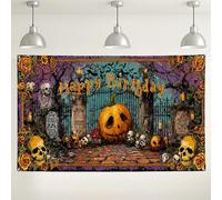 Sfondo di compleanno con teschio di zucca di Halloween, decorazioni gotiche spettrali per feste, sfondo fotografico inquietante per esterni/interni, per feste di Halloween, 180 x 109 cm