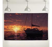 Sfondo di compleanno con tramonto in barca a vela, sfondo fotografico artistico con onde oceaniche, decorazioni per feste sul lago, per eventi interni ed esterni, forniture per celebrazioni estive