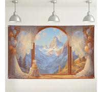 Sfondo di compleanno con vista sulle montagne, design con finestre panoramiche per decorazioni per celebrazioni, elegante sfondo fotografico per interni ed esterni, perfetto per eventi invernali