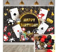 Sfondo di compleanno del casinò di Las Vegas, sfondo per feste a tema casinò, dadi da poker dorati glitterati, striscione decorativo per feste di buon compleanno (2,3 x 1,8 m (230 x 180 cm)