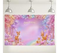 Sfondo di compleanno della foresta delle fate, decorazioni per feste con simpatici cervi e volpi, arcobaleno colorato per interni/esterni, sfondo fotografico per feste di compleanno per bambini