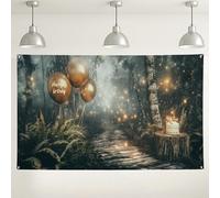 Sfondo di compleanno della foresta mistica, scena della natura incantata, ideale per decorazioni per feste, palloncini dorati, sfondo fotografico per feste all'aperto/interno, 180 x 109 cm