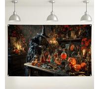 Sfondo di Halloween strega, decorazioni per feste in laboratorio con pozioni floreali spettrali, sfondo vintage scuro per fotografia, eventi di Halloween, 180 x 109 cm