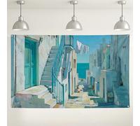 Sfondo di strada mediterranea, decorazione da parete panoramica vintage costiera, perfetto per eventi fotografici, sfondo per feste estive, 180 x 109 cm