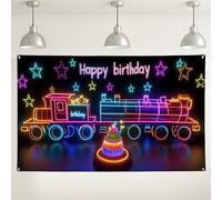 Sfondo di treno di compleanno, decorazioni colorate al neon per feste, divertente striscione di compleanno per bambini per celebrazioni, sfondo festivo per interni ed esterni, per fotografia, 180 x