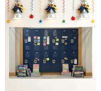 Sfondo educativo con armadietti, con note adesive e stelle che tornano al campus, sfondo blu decorativo, per la casa, la stanza, le pareti, le celebrazioni, 180 x 109 cm