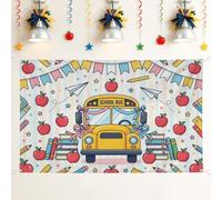 Sfondo educativo con autobus del campus, libri di mele giocosi e educativi, sfondo giallo, per feste di famiglia, celebrazioni, servizi fotografici, 180 x 109 cm