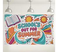 Sfondo estivo divertente, design colorato e fantasioso per feste, sole luminoso ed elementi in aereo, ideale per celebrazioni e incontri stagionali, 180 x 109 cm
