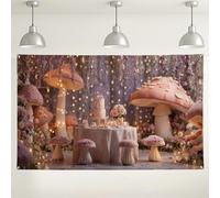 Sfondo fantasioso a forma di fungo, decorazioni per feste con fiabe e fiori di pesca, sfondo da giardino incantato per fotografia, ideale per compleanni e celebrazioni, 180 x 109 cm