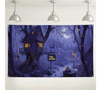 Sfondo fantasioso della foresta con casa sull'albero, decorazioni di compleanno con cielo notturno incantato, sfondo magico per foto all'aperto per feste per bambini, 180 x 109 cm