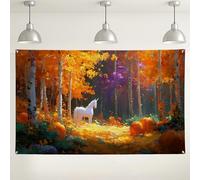 Sfondo fantasy autunnale con cavallo magico, decorazione da parete colorata con scena della foresta, perfetto per fotografie autunnali e forniture per feste, 180 x 109 cm