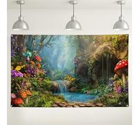 Sfondo fantasy con cascate, sfondo fotografico mistico con funghi floreali, decorazione colorata per feste per bambini, eventi all'aperto incantati, 180 x 109 cm