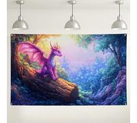 Sfondo fantasy con foresta di draghi, decorazione da parete colorata con scena della natura incantata, ideale per eventi fotografici e feste, perfetto per compleanni dei bambini e celebrazioni a tema