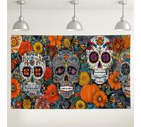 Sfondo floreale colorato con teschio di zucchero, decorazioni per feste del giorno dei morti, vibrante sfondo fotografico di Halloween per celebrazioni, 180 x 109 cm