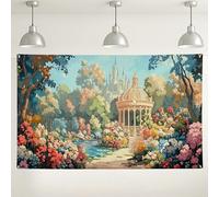 Sfondo floreale con castello da giardino, romantico sfondo vintage per feste da favola, matrimonio primaverile per interni ed esterni, forniture fotografiche 180 x 109 cm