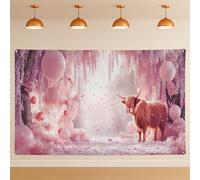 Sfondo floreale con mucca delle Highland, fantasioso sfondo romantico per feste, sfondo per fotografia, primavera, interni ed esterni, compleanno, forniture per matrimoni, 180 x 109 cm