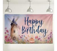 Sfondo floreale con scritta "Happy Birthday", decorazioni vintage per celebrazioni, feste all'aperto/interno, sfondo fotografico per feste di compleanno, 180 x 109 cm