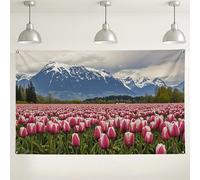 Sfondo floreale con tulipani di montagna, sfondo fotografico paesaggistico primaverile, bella decorazione per esterni per feste ed eventi, perfetto per Pasqua e celebrazioni primaverili, 180 x 109 cm