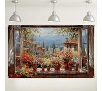 Sfondo floreale con vista sulla finestra, decorazioni colorate in stile rustico per feste, sfondo fotografico scenico per eventi e riunioni all'aperto, forniture per celebrazioni primaverili ed estive