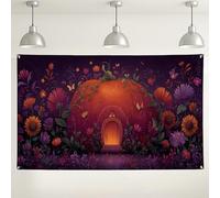 Sfondo floreale da parete con cottage di zucca, decorazioni fantasiose per feste in giardino, sfondo fotografico magico per interni ed esterni, per eventi di Halloween, 180 x 109 cm