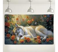 Sfondo floreale da parete con lupo addormentato, decorazioni artistiche della natura da sogno, accogliente sfondo fotografico per interni ed esterni, per amanti degli animali, forniture per feste