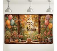 Sfondo floreale da parete con scritta "Happy Birthday", decorazione vintage per feste in giardino autunnale, accogliente sfondo per interni ed esterni, per fotografie, celebrazioni, 180 x 109 cm