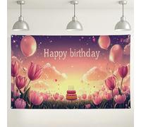 Sfondo floreale di buon compleanno, decorazioni a tema giardino con tulipani, sfondo fotografico per eventi romantici, decorazione per feste, celebrazioni primaverili, 180 x 109 cm