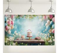 Sfondo floreale per feste di compleanno, affascinanti palloncini pastello e torta, elegante decorazione per feste di nascita, matrimoni e compleanni, 180 x 109 cm