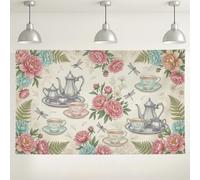 Sfondo floreale per tea party, design floreale vintage con teiere, bella decorazione per interni/esterni per eventi, sfondo celebrazione primavera/estate, 180 x 109 cm