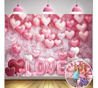 Sfondo fotografico a forma di cuore rosa, 2,8 x 1,8 m, decorazioni per San Valentino, palloncini rosa a forma di cuore, sfondo per pavimento in legno bianco, per compleanno, baby shower, festa di