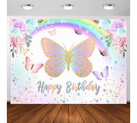 Sfondo fotografico "Buon Compleanno" con farfalle, 7x5 piedi, con fiori viola, rosa e arcobaleno, ideale per decorare il tavolo della torta di una